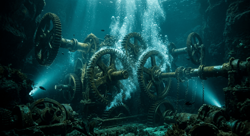 Large rusty mechanical gears and chains submerged underwater emitting bubbles